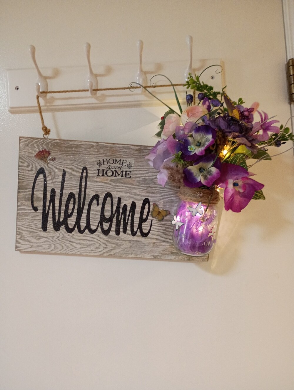 Welcome Wall Sign with Purple Floral Mason Jar Accent